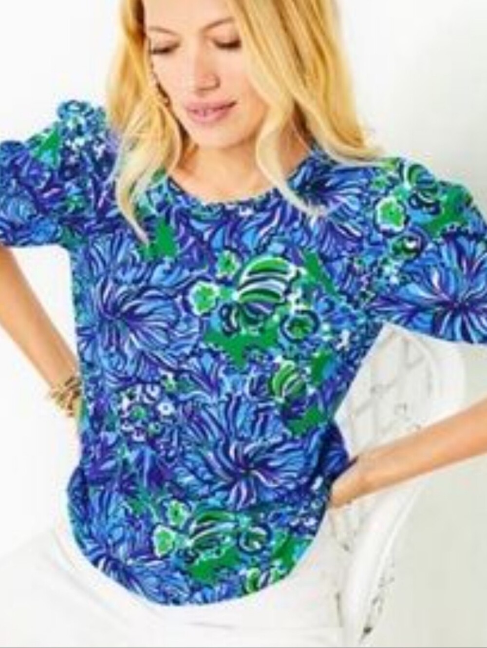 Lilly Pulitzer Blue Green Short Sleeve Top Crew Neck Puff Sleeve Pima Cotton S